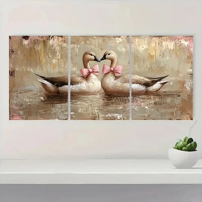3pcs Romantic Couple Geese with Pink Bows G Wall Art Set Canvas Unframed - High Quality Print 100% Australian Made Wall Canvas - Bella Home Decor