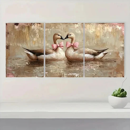 3pcs Romantic Couple Geese with Pink Bows G Wall Art Set Canvas Unframed - High Quality Print 100% Australian Made Wall Canvas - Bella Home Decor