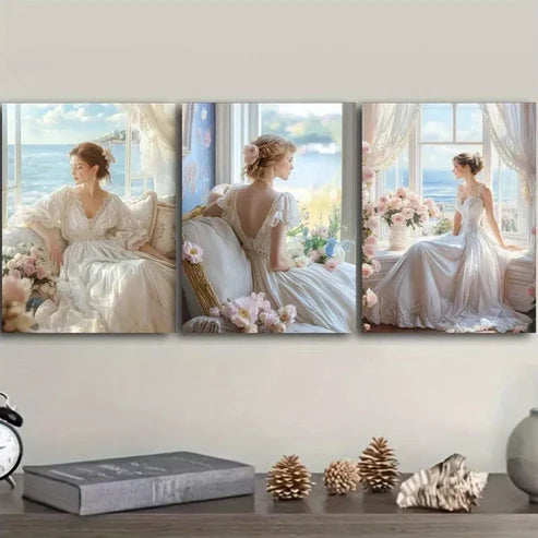 3pcs Woman in a White Dress Sitting by a Window Wall Art Set Canvas Unframed - High Quality Print 100% Australian Made Wall Canvas