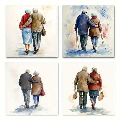 4pcs Elderly Couple Walking Hand In Hand Theme Wall Art Canvas Framed
