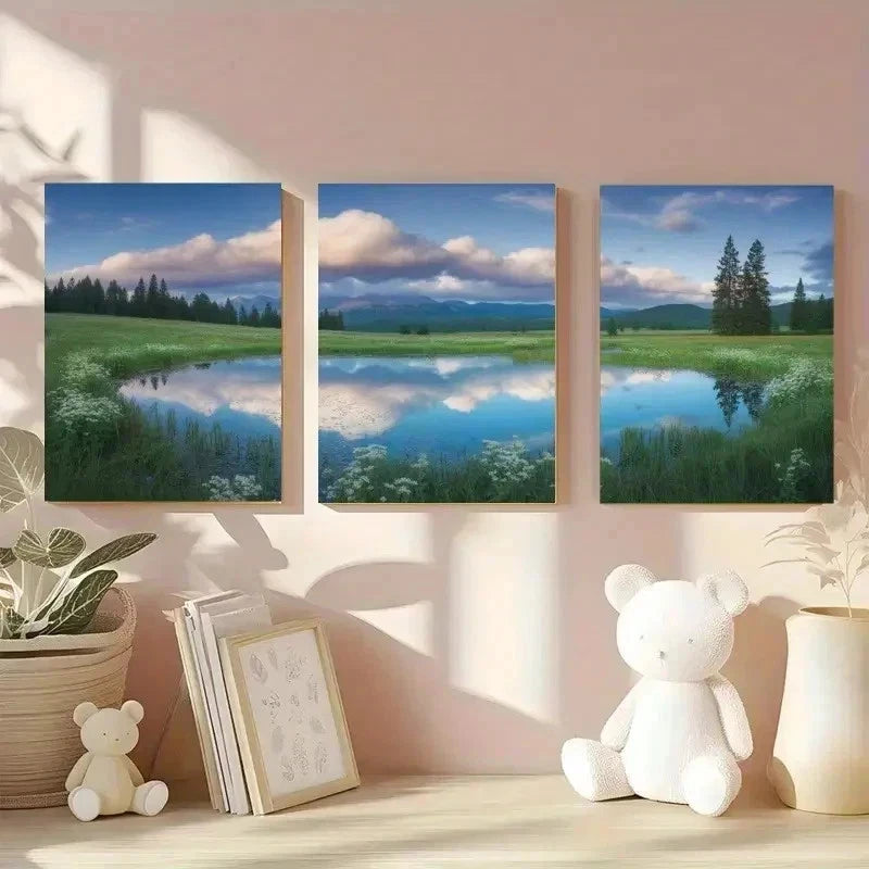 3pcs Green Meadow, Mountain, Lake, Pine Trees wall Art Set Canvas Framed 50x70cm - High Quality Print 100% Australian Made Wall Canvas Ready to Hang
