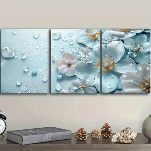 3pcs Featuring Turquoise Glass Flowers Wall Art Set Canvas Unframed - High Quality Print 100% Australian Made Wall Canvas