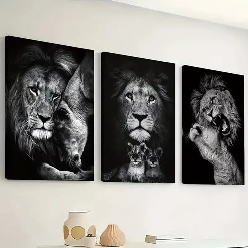 3pcs Lion House, animal Black and White print Wall Art Canvas Unframed - High Quality Print 100% Australian Made Wall Canvas