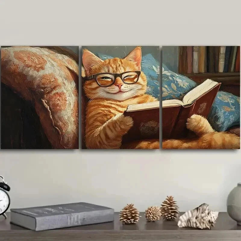 3pcs A cat reading on the couch Style Wall Art Set Canvas Framed 50x70cm - High Quality Print 100% Australian Made Wall Canvas Ready to Hang