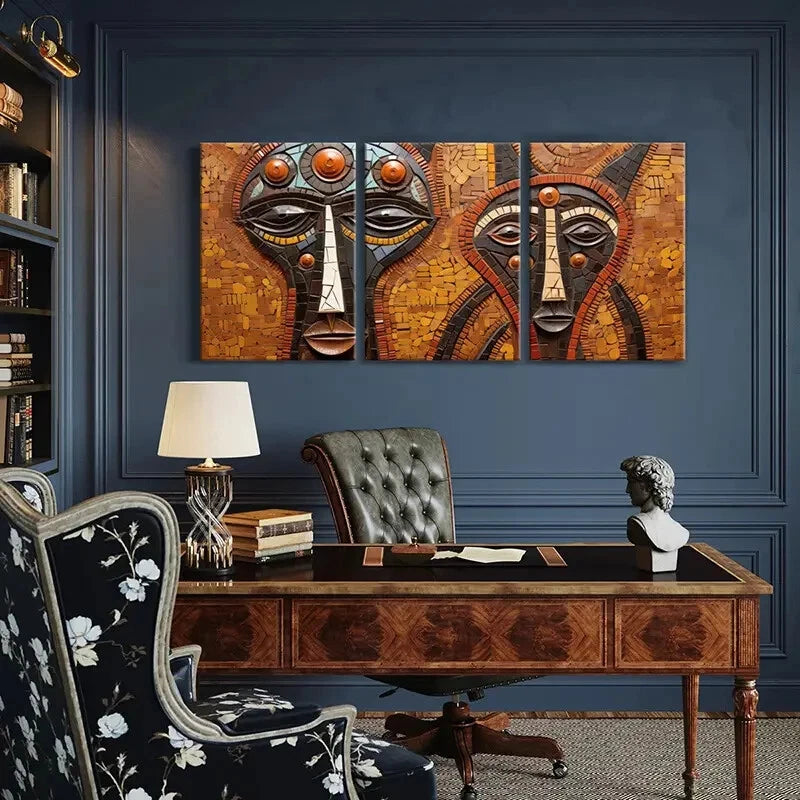 3pcs Abstract Tribal Faces Mosaic Ethnic Art Metal Print Ready to Hang Art - Bella Home Decor
