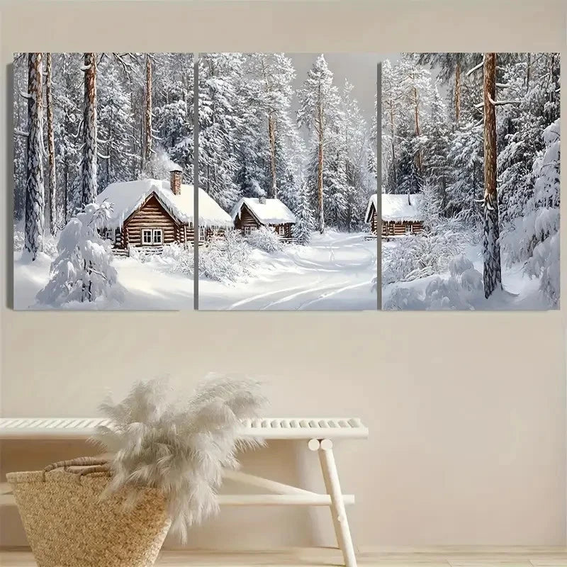 3pcs Winter Village Art Rustic Snowy Cabins Wall Art Set Canvas Framed 60x90cm - High Quality Print 100% Australian Made Wall Canvas Ready to Hang - Bella Home Decor