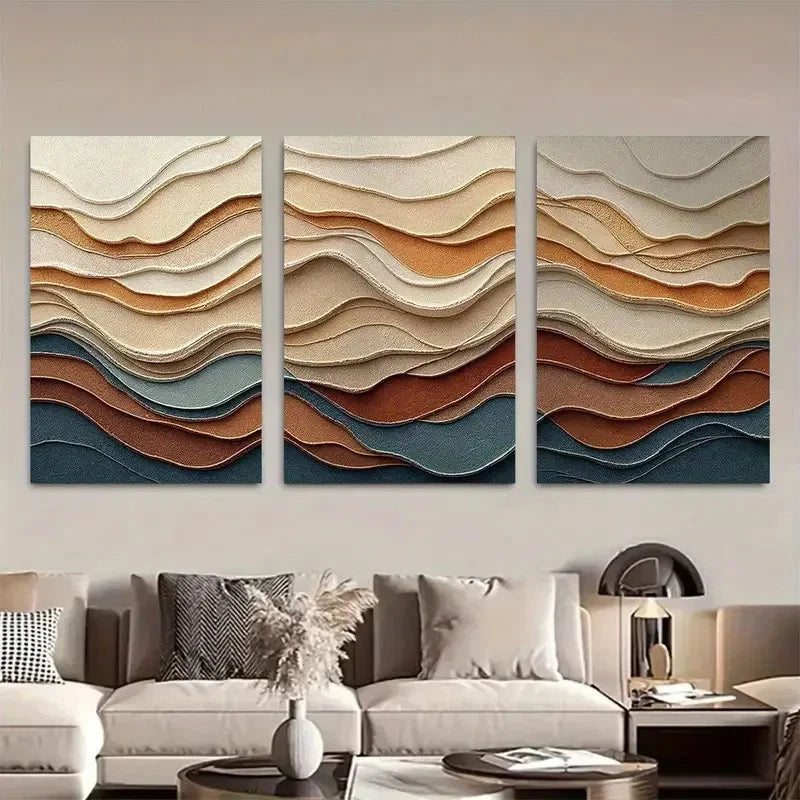 3pcs Sculptural Earth Layer in Beige Rust & Blue Metal Print Ready to Hang Art