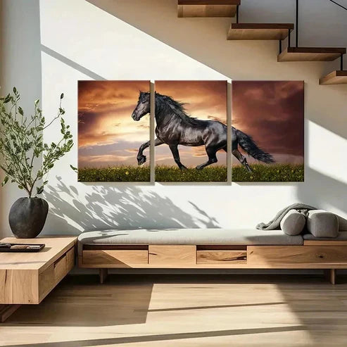3pcs Majestic Black Horse Running  Wall Art Set Canvas Unframed - High Quality Print 100% Australian Made Wall Canvas