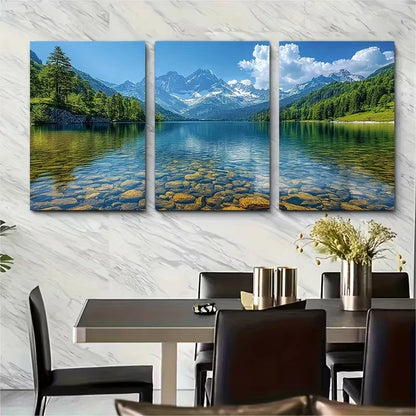 3pcs Clear Water Lake and Mountains Metal Print Ready to Hang Art - Bella Home Decor