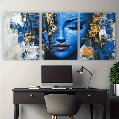 3pcs Modern Figurative Woman Face in Blue Klimt Wall Art Canvas Unframed - High Quality Print 100% Australian Made Wall Canvas