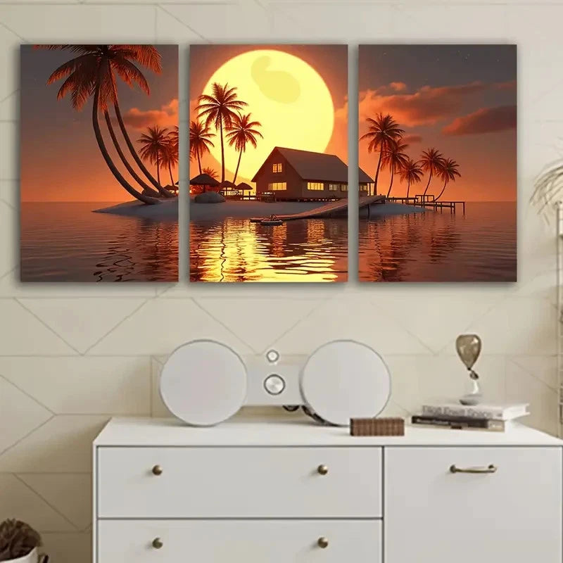 3pcs Tropical Island Sunset Palm Trees Wall Art Set Canvas Framed 50x70cm - High Quality Print 100% Australian Made Wall Canvas Ready to Hang