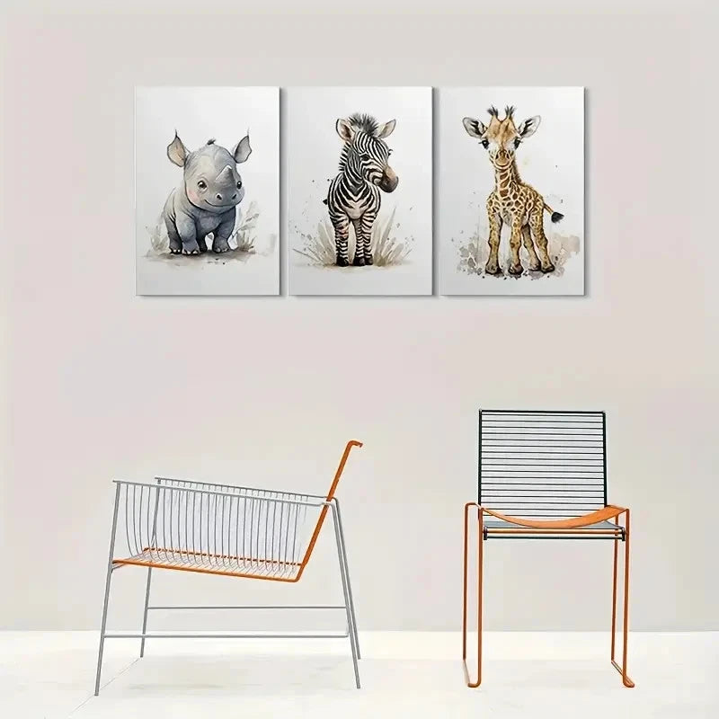 3pcs Adorable Youngsters Animal Zebra Giraffe Metal Print Ready to Hang Art - Bella Home Decor