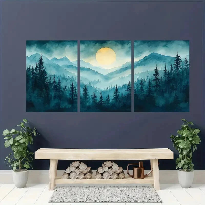 3pcs Oregon Forest Painting Pine Watercolor Metal Print Ready to Hang Art - Bella Home Decor