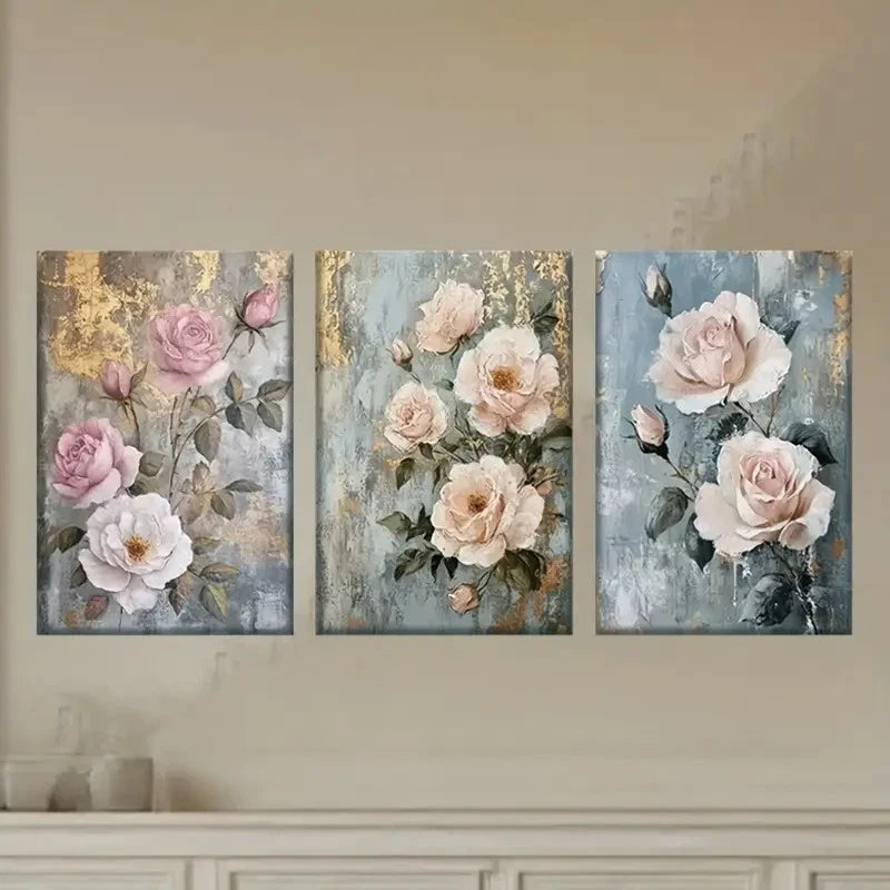 3pcs Floral Design with Golden Accents Metal Print Ready to Hang Art