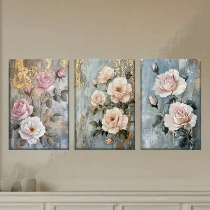 3pcs Floral Design with Golden Accents Metal Print Ready to Hang Art