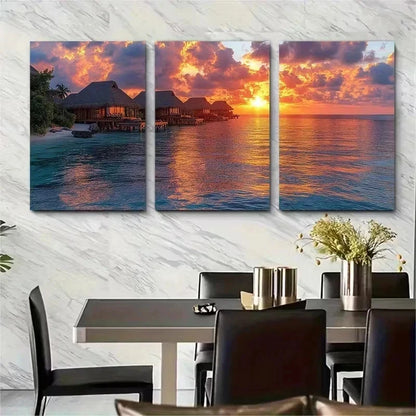 3pcs Luxury Resort Sunset Scene Wall Art Set Canvas Framed 50x70cm - High Quality Print 100% Australian Made Wall Canvas Ready to Hang - Bella Home Decor