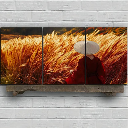 3pcs Golden Field Person Sitting On The Grass Metal Print Ready to Hang Art - Bella Home Decor