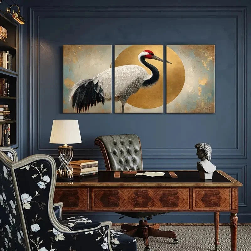 3pcs Elegant Crane Art Golden Circle Design Metal Print Ready to Hang Art - Bella Home Decor