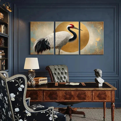 3pcs Elegant Crane Art Golden Circle Design Metal Print Ready to Hang Art - Bella Home Decor