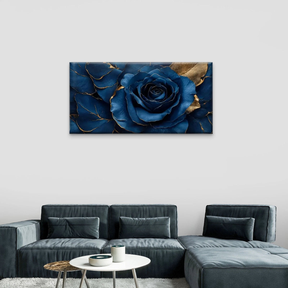 Blue Roses Golden Leaf Wall Art Canvas Office Home Room Framed 120x60cm