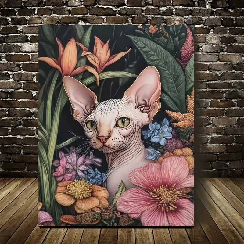 Beautiful Sphynx Cat & Floral Vibrant Pink & Painting 40x60cm Metal Print Ready to Hang