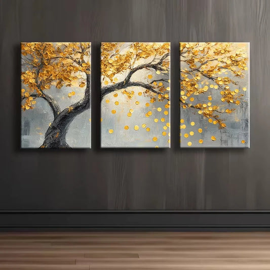 3pcs A tree with Golden leaves Illustration Wall Art Set Canvas Framed 60x90cm - High Quality Print 100% Australian Made Wall Canvas Ready to Hang