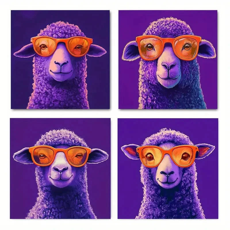 4pcs Vibrant Sheep with GlassesWall Art Canvas Framed