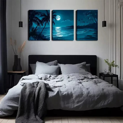 3pcs Under The Night, Coconut Trees, Beaches Wall Art Set Wall Art Canvas Unframed - High Quality Print 100% Australian Made Wall Canvas