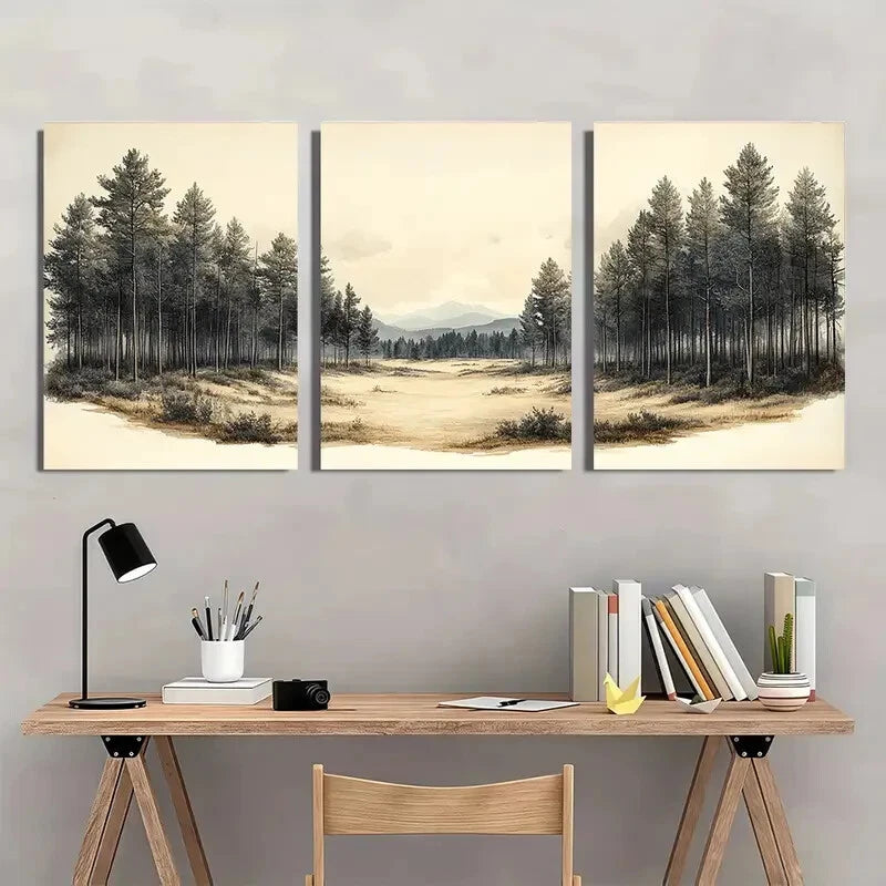 3pcs Vintage Sketch Fall Forest Landscape Metal Print Ready to Hang Art - Bella Home Decor