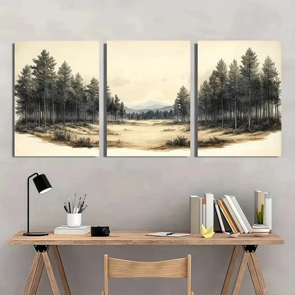 3pcs Vintage Sketch Fall Forest Landscape Metal Print Ready to Hang Art - Bella Home Decor