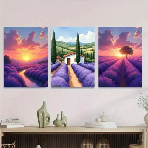 3pcs Beautiful Lavender Field Sunset House Wall Art Canvas Unframed - High Quality Print 100% Australian Made Wall Canvas