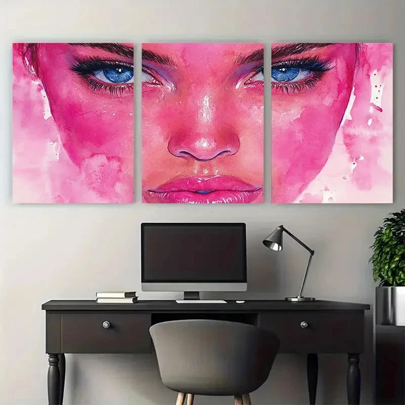 3pcs Pink Abstract Woman Face Watercolor Fashion Metal Print Ready to Hang Art - Bella Home Decor
