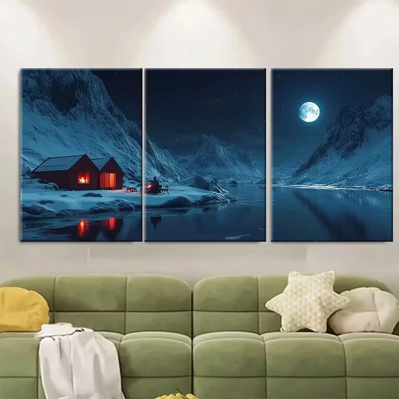 3pcs Moonlit Ice Cliffs Snow-Covered Peaks Metal Print Ready to Hang Art