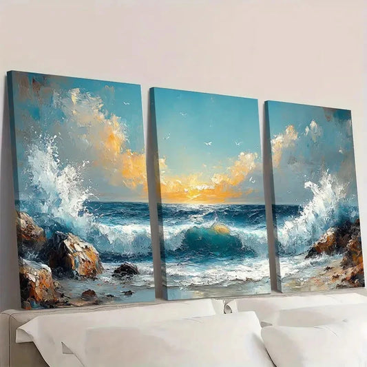 3pcs Rocky Shoreline Painting Aqua Gray ER Wall Art Set Canvas Framed 50x70cm - High Quality Print 100% Australian Made Wall Canvas Ready to Hang