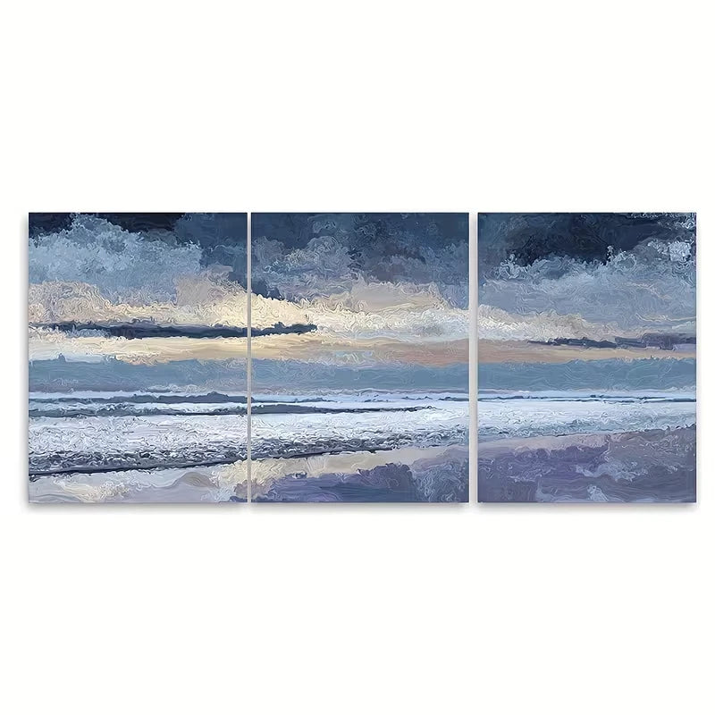 3pcs Misty Beach at Dusk, Surreal Metal Print Ready to Hang Art
