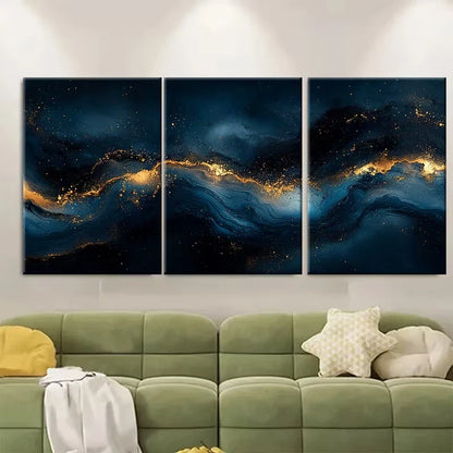 3pcs Abstract Fluid Art Elegant Blue Black Golden Metal Print Ready to Hang Art