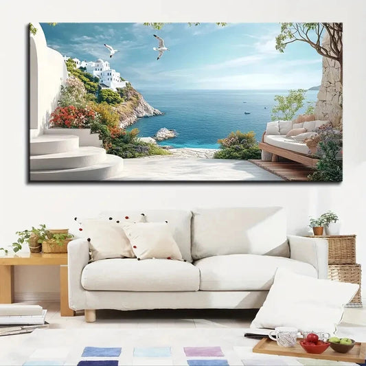 Vibrant Santorini Beach wall canvas office home room framed 120x60cm