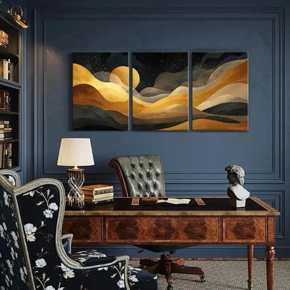 3pcs Night Sky Abstract Landscape Art Golden Moon Metal Print Ready to Hang Art - Bella Home Decor