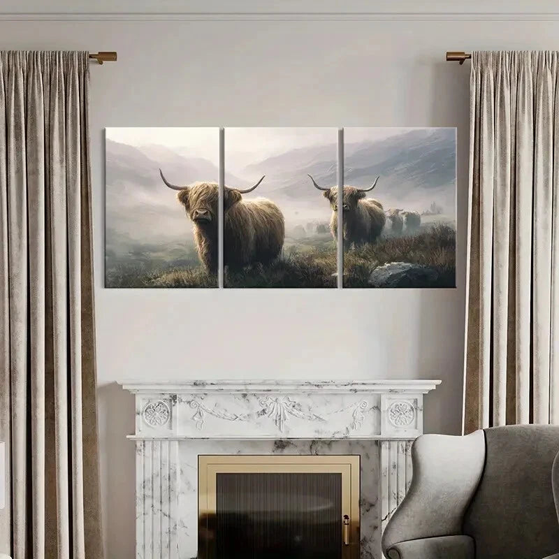 3pcs Highland Cattle Mountain Landscape Scene Metal Print Ready to Hang Art - Bella Home Decor
