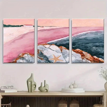 3pcs Abstract Beach With Pink Sand Scene Wall Art Set Canvas Framed 40x60cm - High Quality Print 100% Australian Made Wall Canvas Ready to Hang - Bella Home Decor