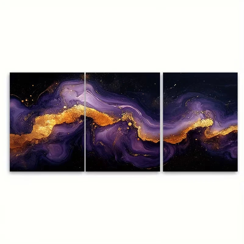 3pcs Luxurious Violet and Golden Marble Metal Print Ready to Hang Art - Bella Home Decor
