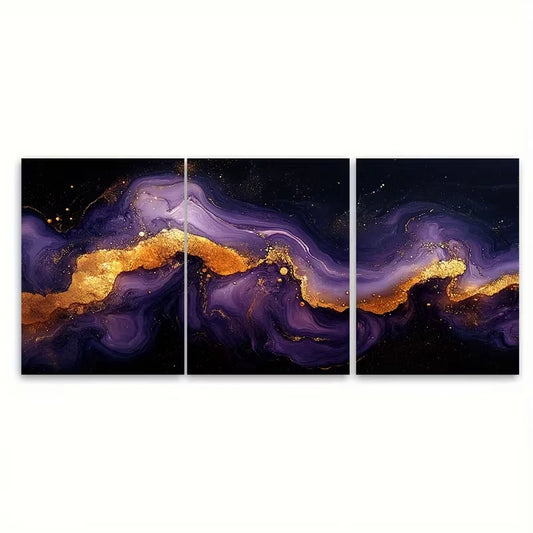 3pcs Luxurious Violet and Golden Marble Metal Print Ready to Hang Art