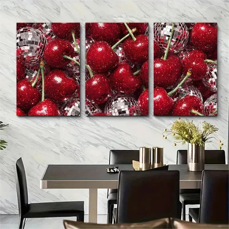 3pcs Disco Ball Red Cherries Preppy Perfect Wall Art Set Canvas Framed 50x70cm - High Quality Print 100% Australian Made Wall Canvas Ready to Hang - Bella Home Decor