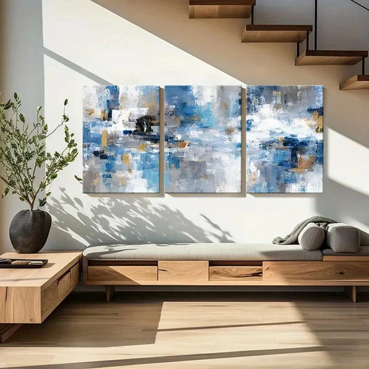 3pcs Urban Abstract Blue & White Minimalist Metal Print Ready to Hang Art