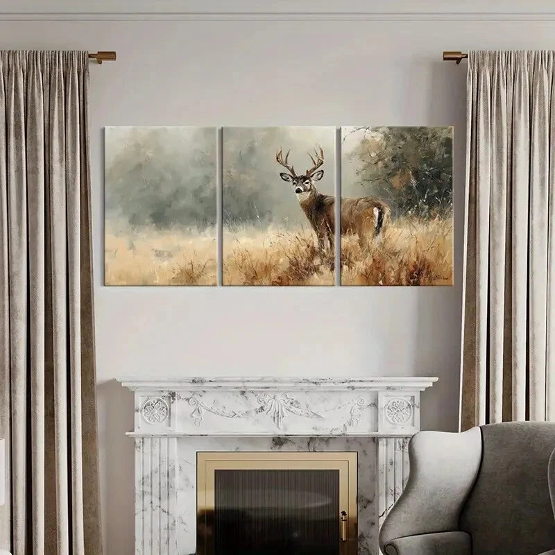 3pcs Artistic Deer Landscape Painting Wildlife Metal Print Ready to Hang Art - Bella Home Decor