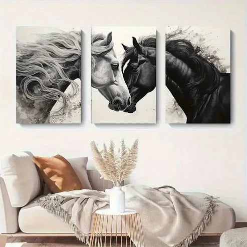 3pcs Black And White Horse Elegant Wall Art Set Canvas Unframed - High Quality Print 100% Australian Made Wall Canvas - Bella Home Decor