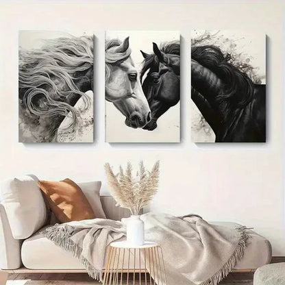 3pcs Black And White Horse Elegant Wall Art Set Canvas Unframed - High Quality Print 100% Australian Made Wall Canvas - Bella Home Decor