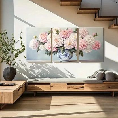 3pcs Floral Arrangement Blue And White Vase Metal Print Ready to Hang Art - Bella Home Decor