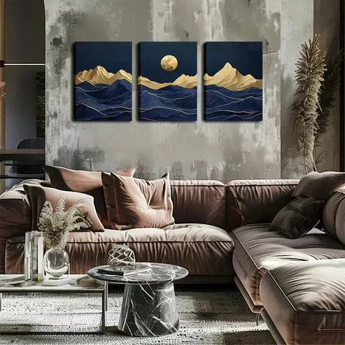 3pcs Abstract Mountain And Moon Wall Art Canvas Unframed - High Quality Print 100% Australian Made Wall Canvas - Bella Home Decor