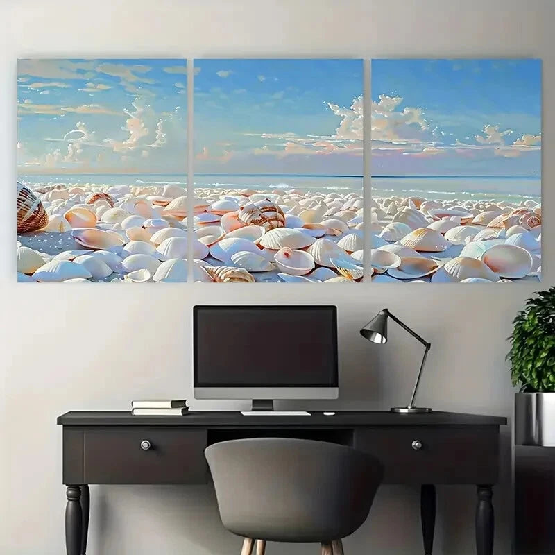 3pcs Vibrant Scenic Beach with Sea Shells Metal Print Ready to Hang Art